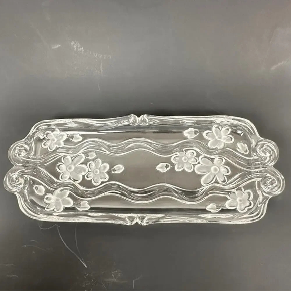 Celento Collection Fine Crystal Rectangle Serving Cake Tray Germany Floral Flowe